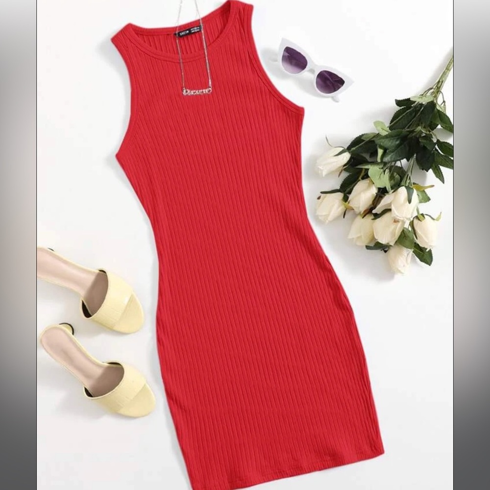 Red Rib Knit Bodycon Mini Dress